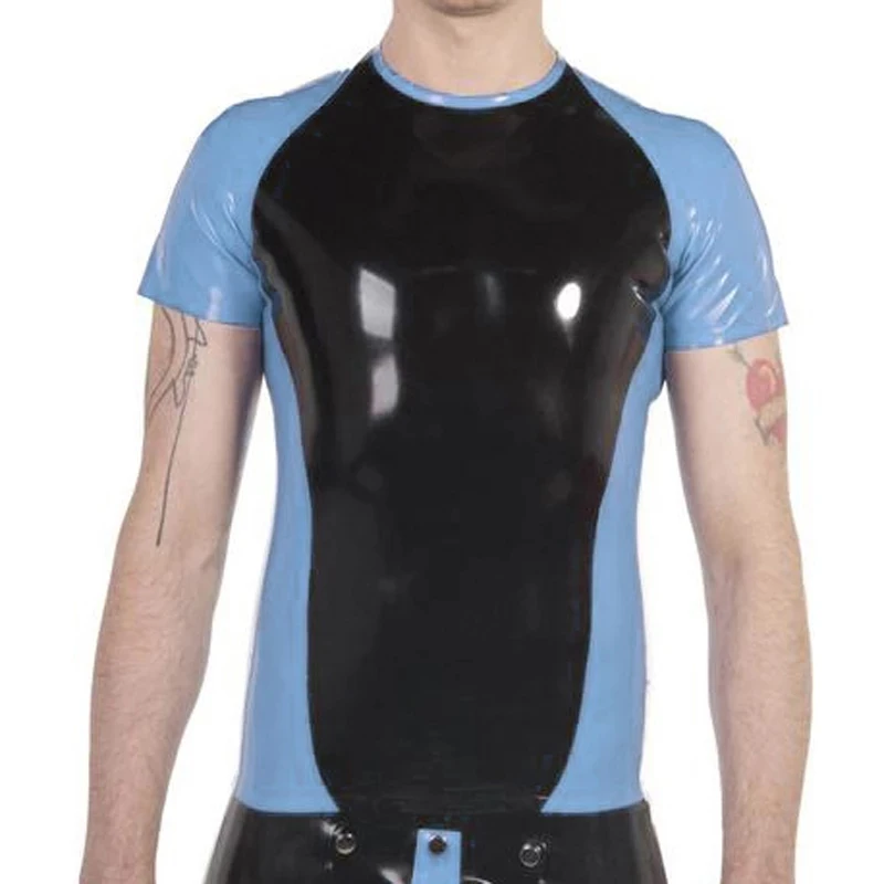 

Sexy Latex Shirt Rubber Top Lake Blue with Black for Men Wear