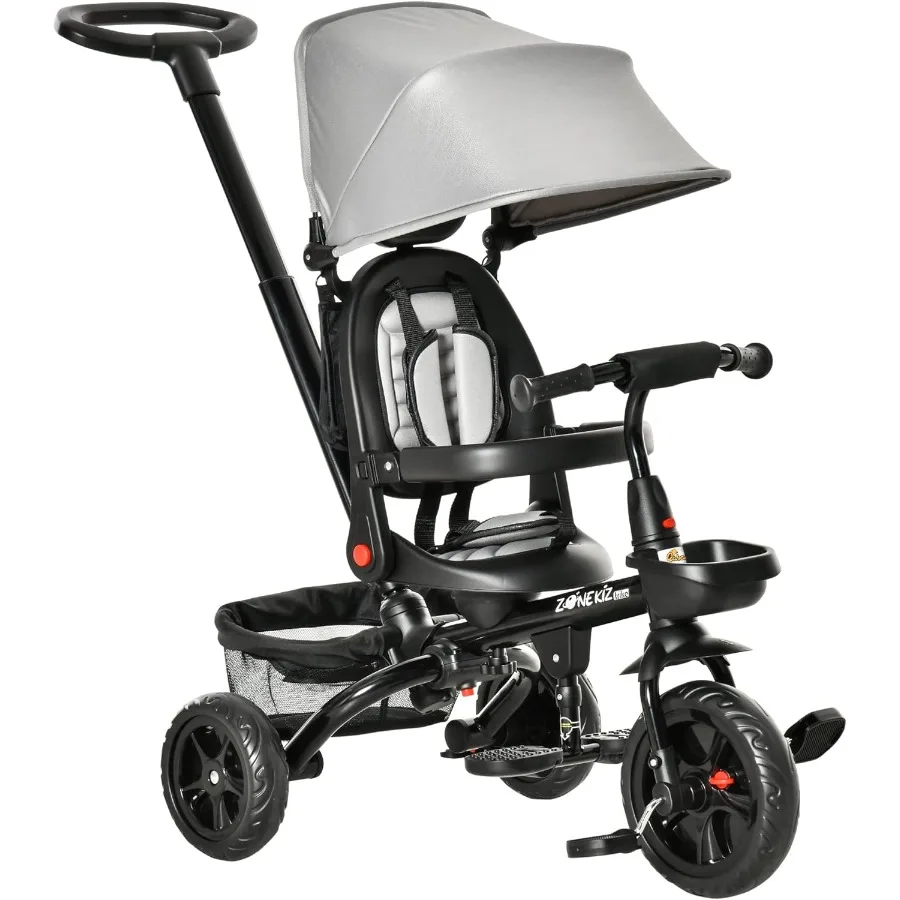 Rowerek trójkołowy 4 w 1 składany z odwracalnym siedziskiem, regulowanym uchwytem dla rodziców, pasami bezpieczeństwa, hamulcami na kołach, odpinanym daszkiem i schowkiem.