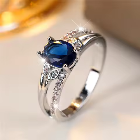 Boho Female Blue Oval Zircon Stone Ring Cute Silver Color Summer Wedding Jewelry For Women