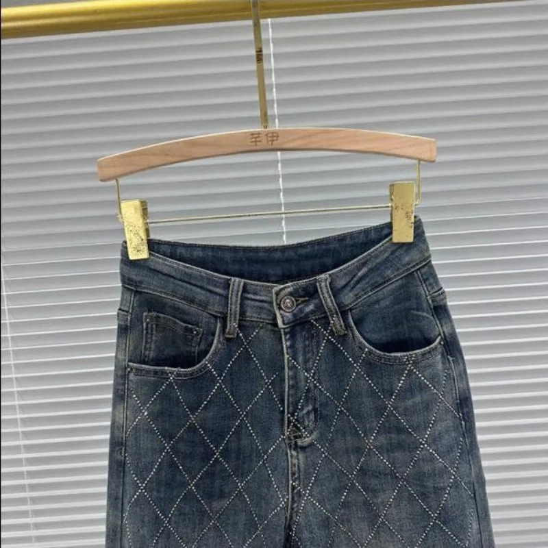 Calças de brim de luxo strass para mulheres cintura alta denim jeans elegante losango calças largas y2k moda feminina denim