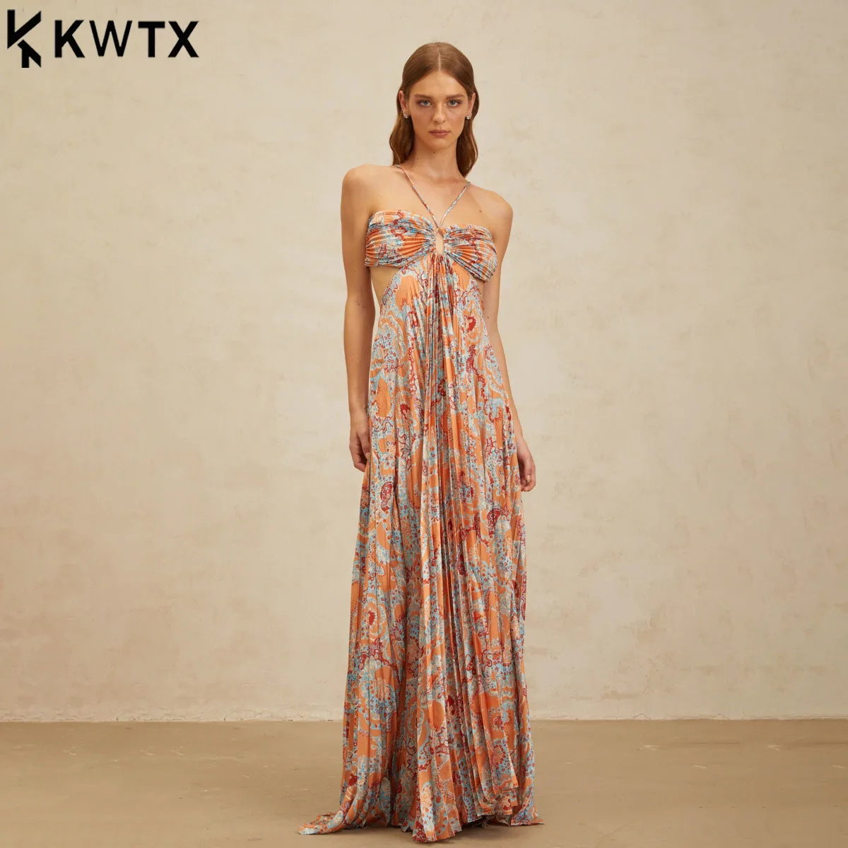 Kwtx feminino designer halter pescoço maxi vestido plissado impressão renda recorte praia festa vestido de noite primavera verão 2026 novo