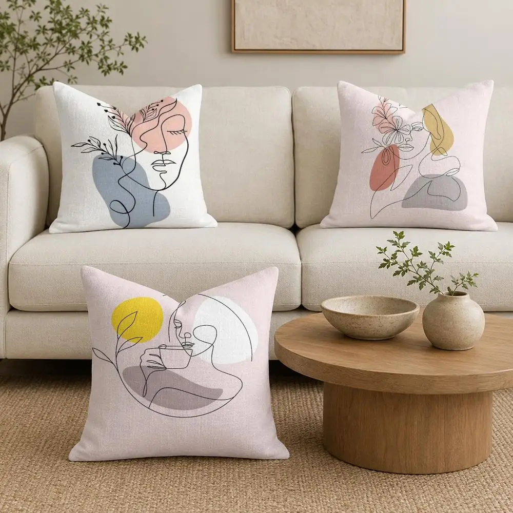 Abstract Face Collection Cushion Cover Natural Linen Organic Fabric Double-Sided Printing Sofa Home Decor Gift Pillow Cover