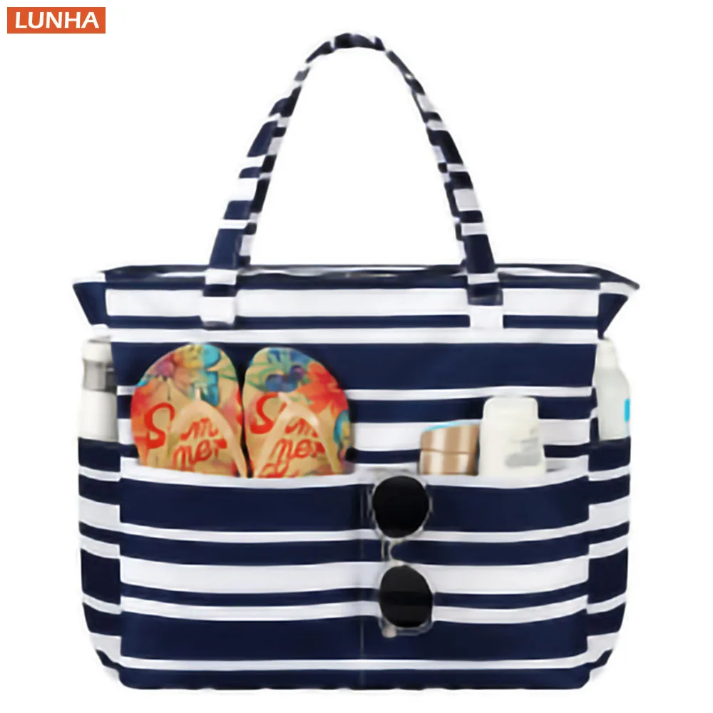 

Женская пляжная сумка-тоут большой вместимости, женские полосатые сумки на плечо с мультяшным принтом, уличная дорожная складная сумка для пикника