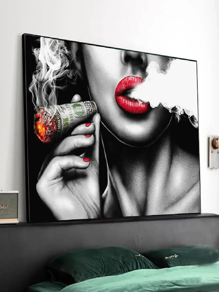 Red Lips Smoking Woman Art Print Canvas Poster  Modern Living Room Wall Decor Stylish Home Decoration Picture view 2