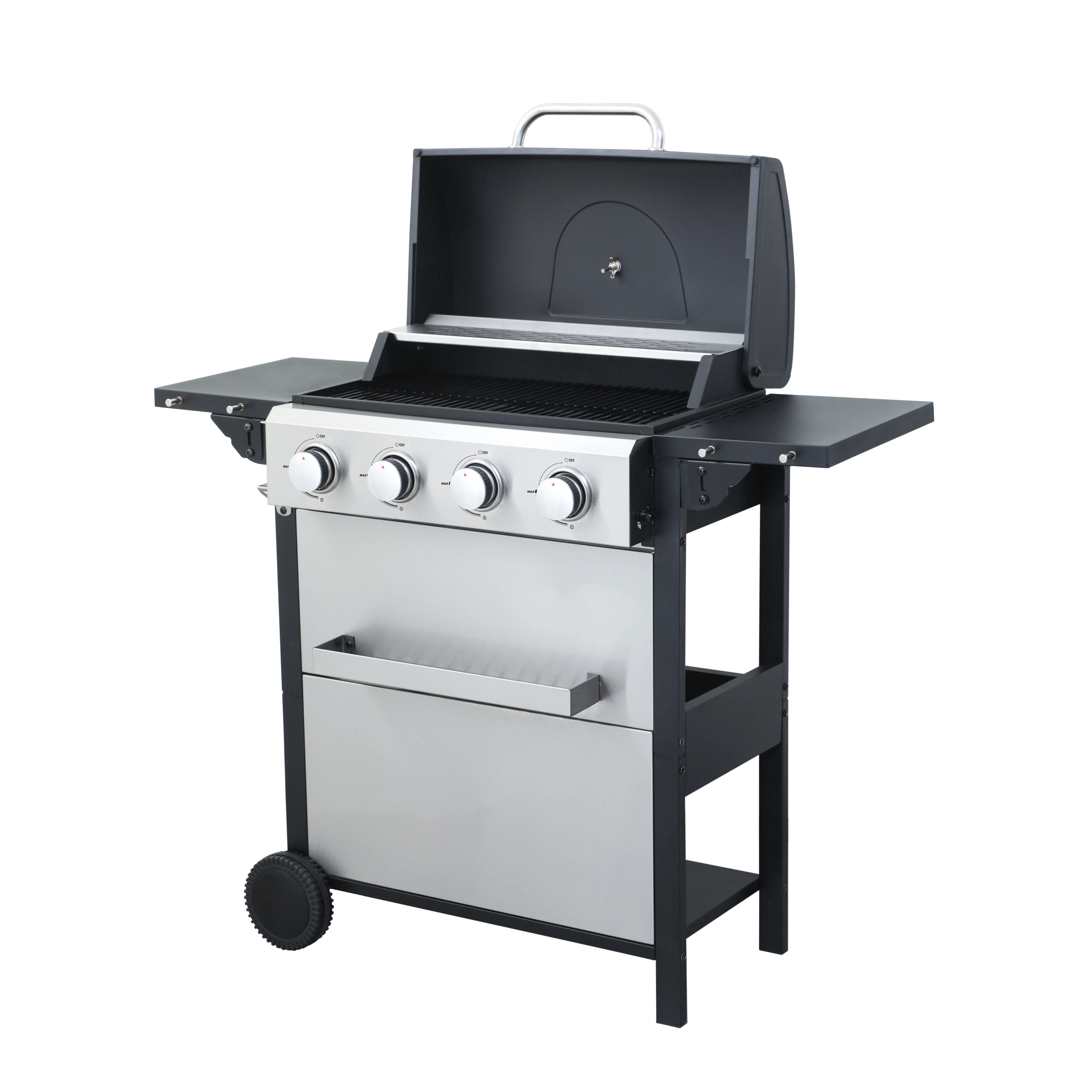 4-Burner Propane Gas BBQ Grill 34200BTU Output Wire Enamel Cooking Grids Stainless Steel Foldable Side Table Hanging Basket