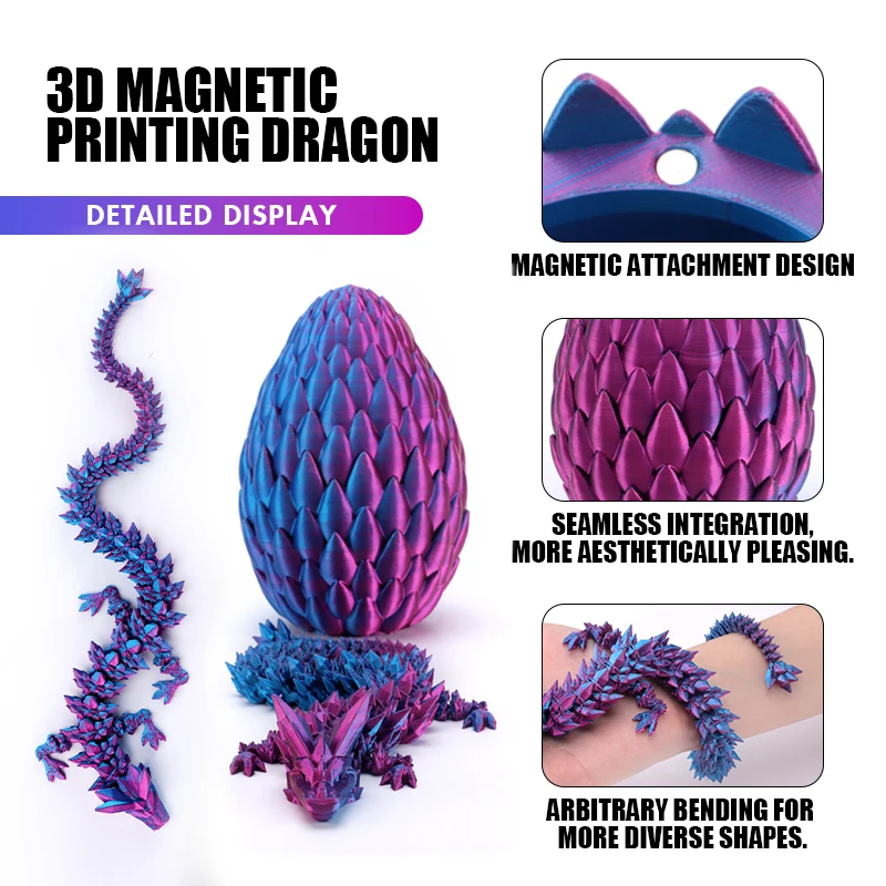 Upgraded Magnetic 3D Printed Gem Dragon Poseable Joints Crystal Dragon Egg 3D Articulated Dragon Toys for Autism ADHD Kids Gifts