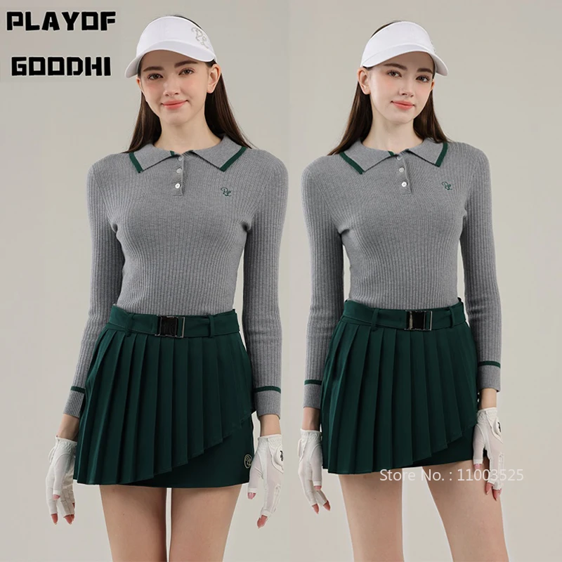 PL Autumn Winter Golf Sweater Retro Women's Knitted Warm Tops Long Sleeve Polo Shirts Lady Irregular Pleats Skort Tennis Culotte