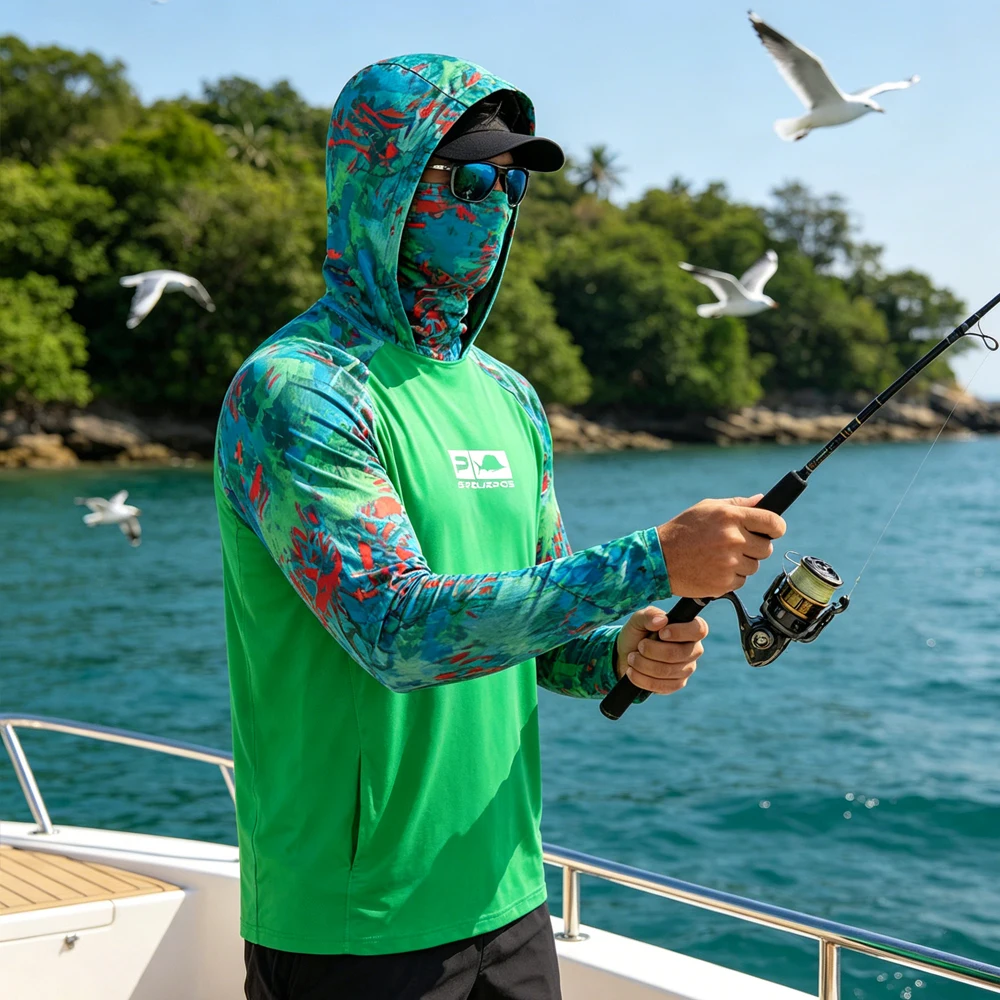 

Men Long Sleeve Fishing Hoodie With Face Mask UPF50+ UV Protection Quick Dry Breathable Fishing Shirt Outdoor Fishing Clothes