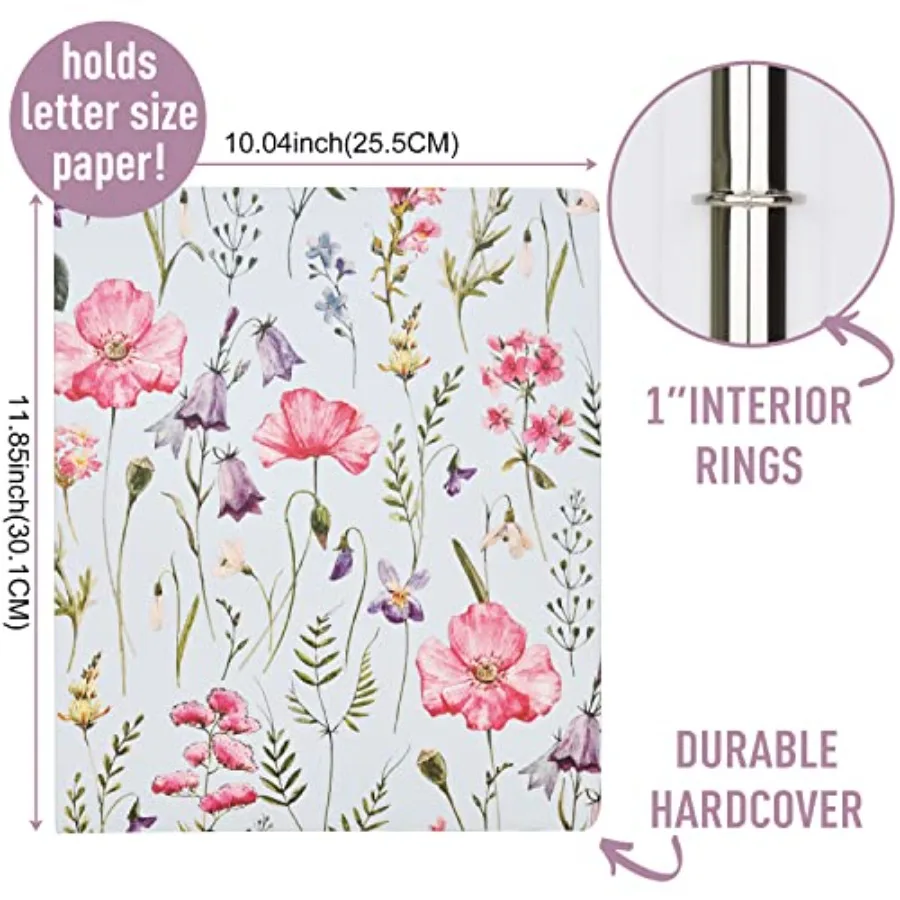 빈티지 레트로 꽃무늬 식물 3링 바인더 하드커버 1인치 원형 링 내부 포켓 포함 꽃무늬 식물 학교 사무실 레시피 C