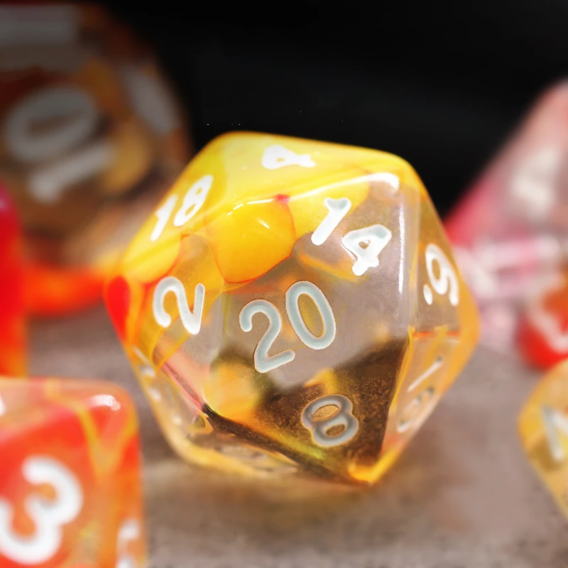 Conjunto de Dados Transparente Laranja e Amarelo, D & D, COC, D4, D6, D8, D10, D12, D20, Jogos de Mesa, DND e RPG, Conjunto de 7Pc