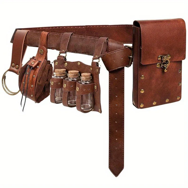 5-teiliges Mittelalter-Kostüm-Zubehör-Set: PU-Leder-Gürtel, Bauchtasche, Kork-Fläschchen, Münzbeutel mit Kordelzug, Rock-Set für Renaissance-Messen, Halloween, LARP, Cosplay-Kostümpartys