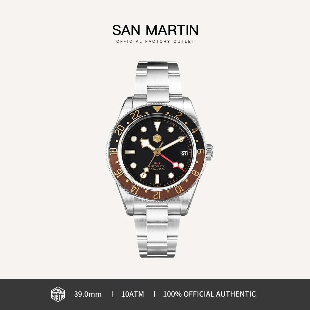 Reloj San Martin Vintage de 39mm para hombre con bisel estilo raíz de cerveza NH34 GMT relojes mecánicos automáticos zafiro resistente al agua SN0109