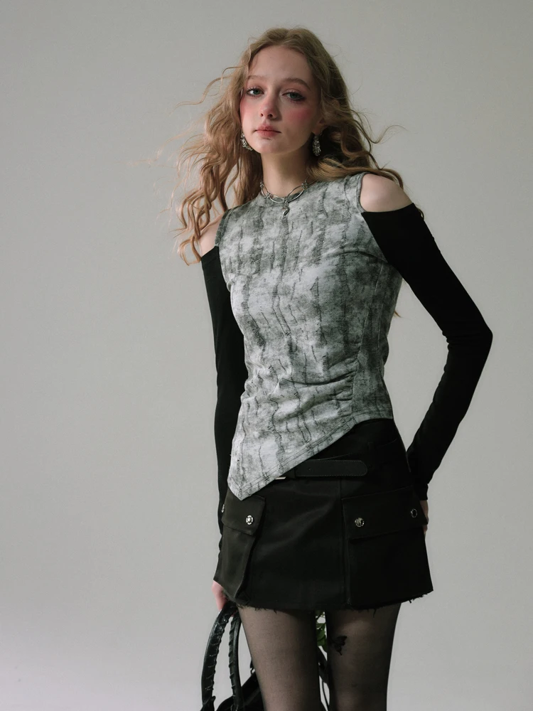 

Женская футболка LREEDOM с градиентным окрашиванием, открытыми плечами, повседневная, с длинным рукавом, круглым вырезом, из смесового хлопка, весенняя мода