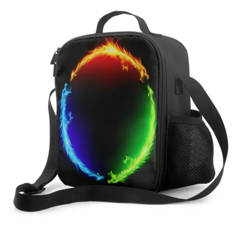 

3D Three Fire Dragons Making Colorful Circle Insulated Lunch Box Portable Cooler Bag Food Container for School Travel Picnic