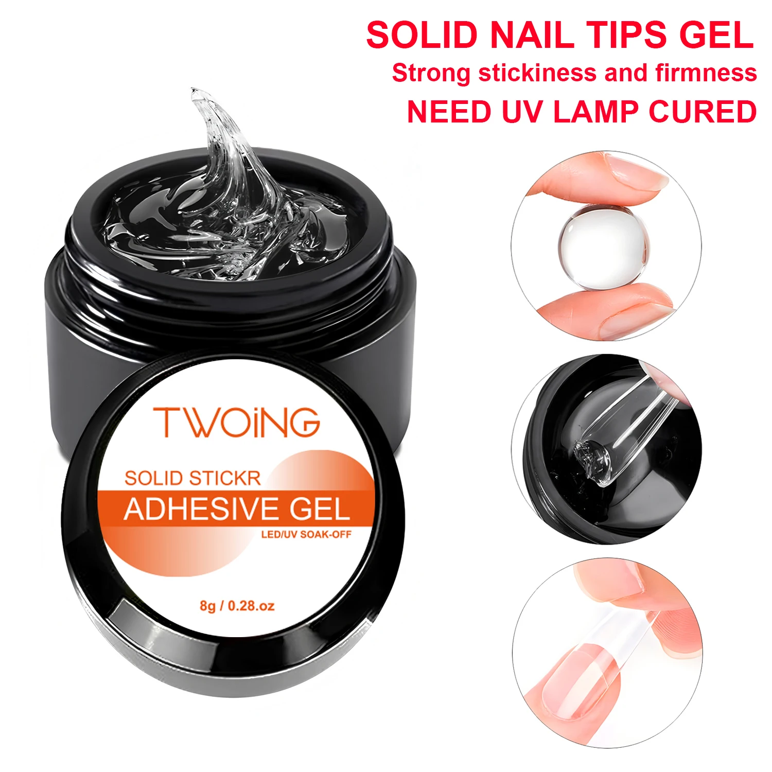 TWOING 8g Multifunctional Solid Nail Tips Gel - Non-Stick Hand Nail Gel Rhinestone Gel For DIY Manicure At Home Long Lasting