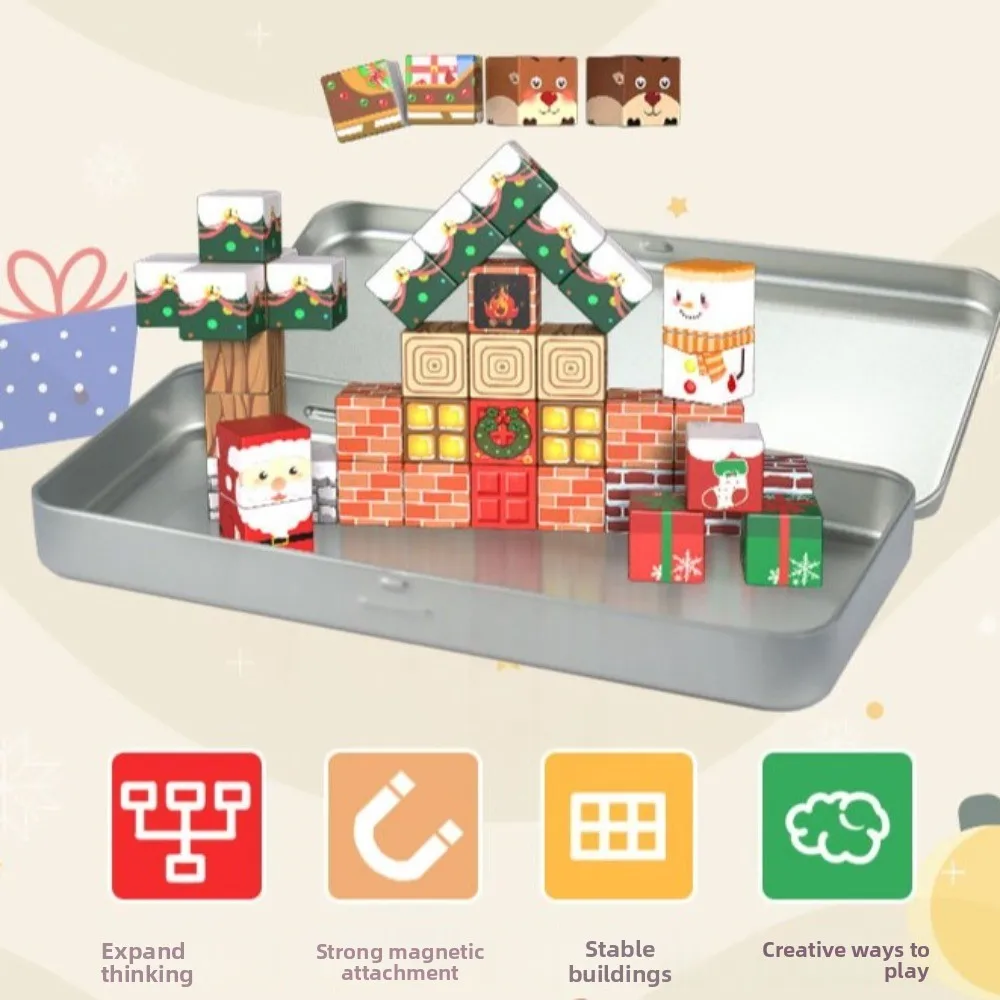 Buon Natale Blocchi magnetici 45 pezzi con scatola portaoggetti Set di costruzioni educative Mattoni da costruzione sicuri e durevoli