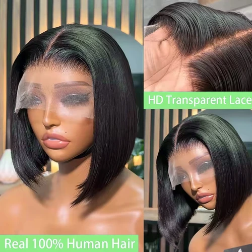 Imagen 2 del producto Peluca recta de Bob corto, cabello humano 13x4, pelucas frontales de encaje transparente, pelucas de cabello humano corto liso de hueso negro Natural de 200 de densidad