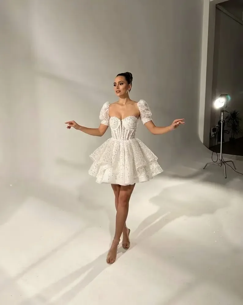 

White Sequin Short Evening Dress Sweetheart A-Line Mini Wedding Dress 2024 Detachable Sleeves Prom Gowns Bride Party Dress
