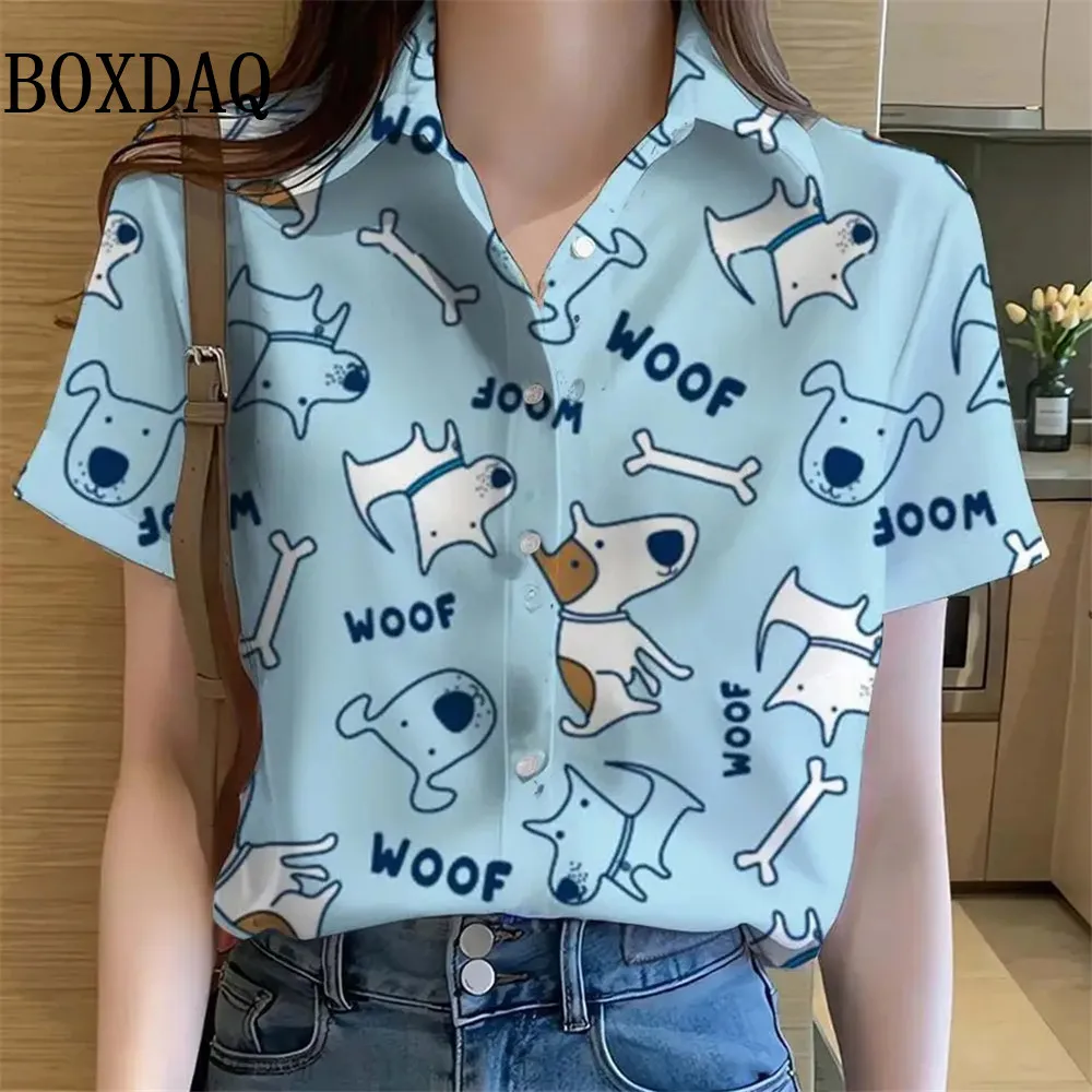 Womens Shirts Cute Animal Cat dinosaur 3D Printed Casual Hawaiian Short Sleeve Button Beach Shirt Summer Blouse Women's Clothes