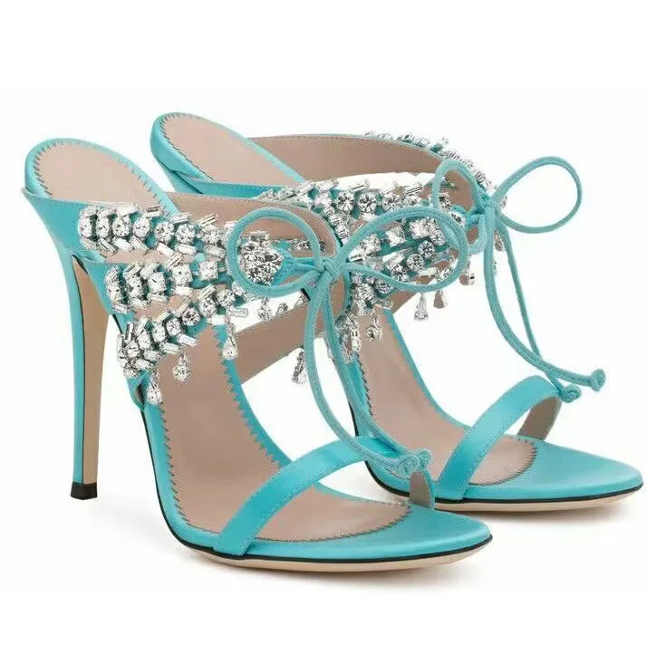 Crystal Tassel Sandals Strap Silk Slipper Women Summer Shoes Cross Diamond Stiletto Mujer Party 8cm and 10cm Slingbacks Sandals