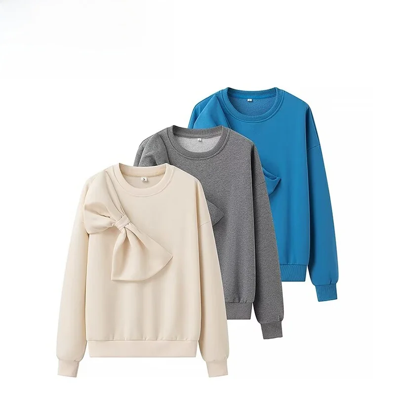 

JNLEAOG Fashionable Pure Color Knot Sweatshirt Street Style Long Sleeve round Neck Polyester Fiber Autumn New Arrival
