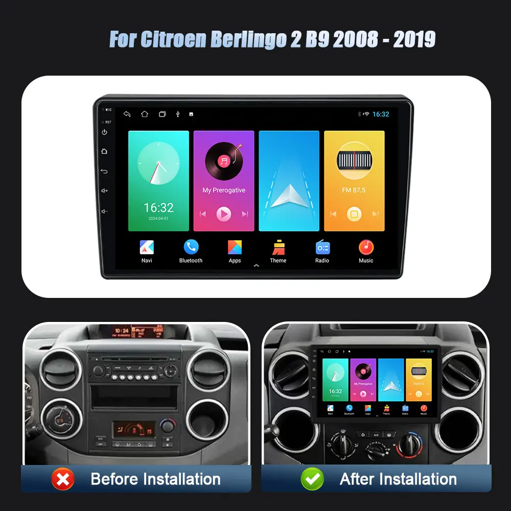 Wireless Carplay Stereo Car Radio Multimedia Navigation Player WIFI Android 14 For Citroen Berlingo 2 B9 2008-2019 Head Unit