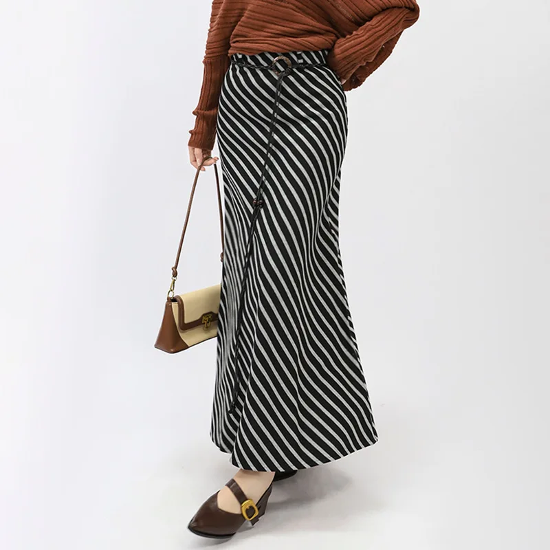 

Women Trumpet Twill A-Line Long Skirt Autumn New High Waist Sashe Belt Commuter Office Lady Medi Skirt Streetwear Striped