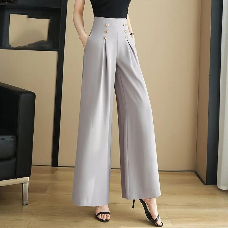 Fashion Commute Vintage Summer Pants Women\'s Solid Color Spliced Button Folds Loose Straight High Waist Casual Wide Leg Trousers