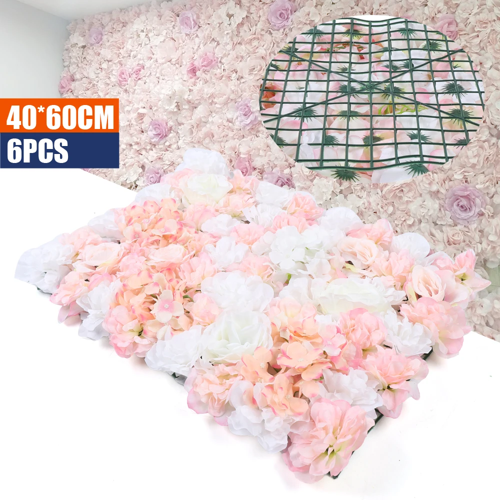 

6Pcs Artificial Flower Wall Panel Silk Fabric and Plastic Flower Walls Pinhole Locking for Wedding Party Decor