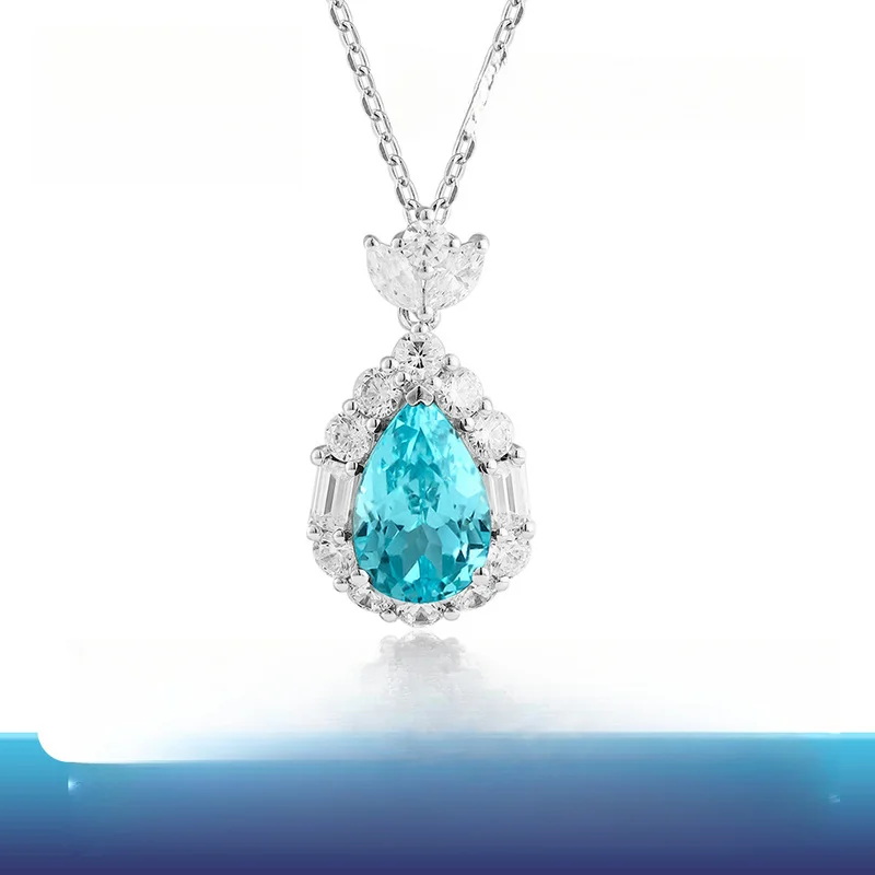 New Design Lab Grown Paraiba Synthetic YAG Neon Blue Ice Crushed Cut Pear With Inclusions Silver Necklace For Anniversary Gift
