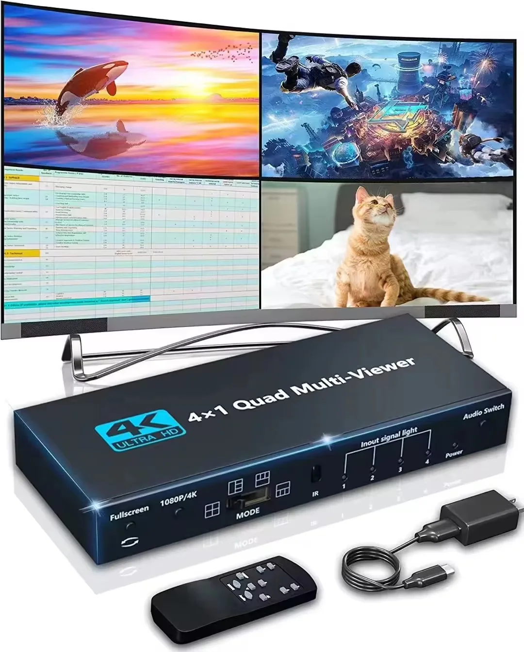 4K HDMI-compatible 4x1 Quad Screen Real Time Multi Viewer 4 Port Seamless Switcher 1080P In IR Remote Control for Gaming