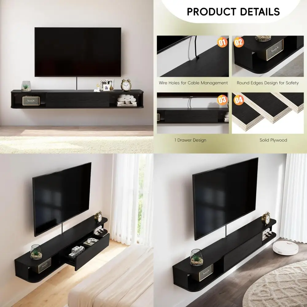 59 Inch Wall-Mounted TV Cabinet with Floating Drawer and Entertainment Shelf Storage