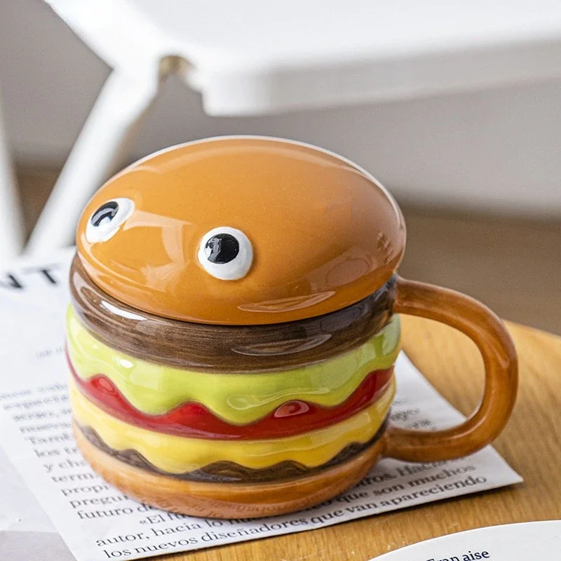 Ceramic Cup Creative Hamburger Coffee Cup 300ml Cute Cartoon Children's Mug Breakfast Oatmeal Milk Cups with Lid Home Cups