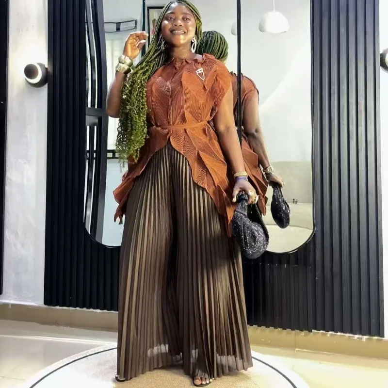 

Африканский плиссированный женский модный асимметричный топ без рукавов Miyake больших размеров, свободные плиссированные широкие брюки, легкий комплект из 2 предметов