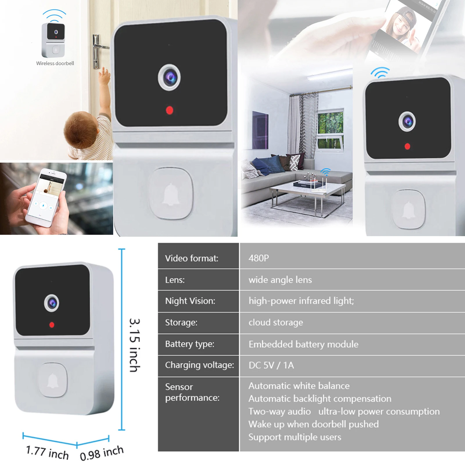 Tuya WiFi Video Doorbell Camera Smart Doorbell 450P Night Vision 2-Way Audio Cloud Storage Security Smart Doorbell WiFi Intercom