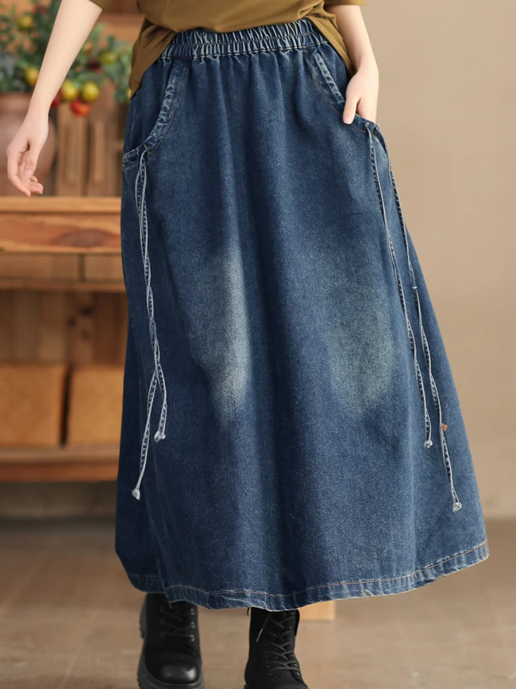 Women Denim Skirt Y2k Clothes Elastic Waist Long Skirt Harajuku Fashion Vintage Solid A-line Loose Jean Skirt Woman