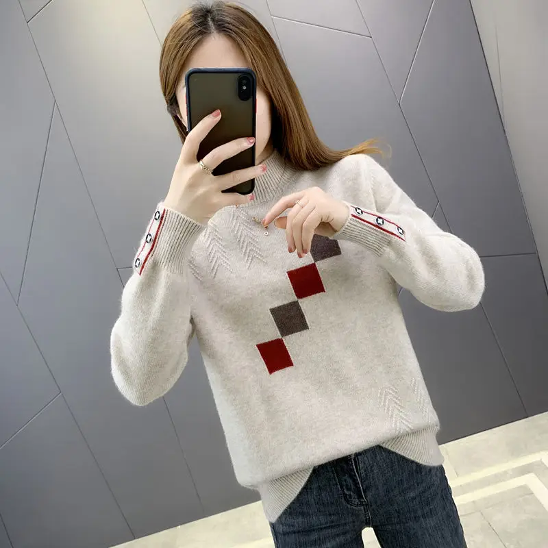 Half Height Collar Sweater Ladies 2024 Autumn Winter New Korean Fashion Long Sleeve Temperament All-match Knitting Pullovers