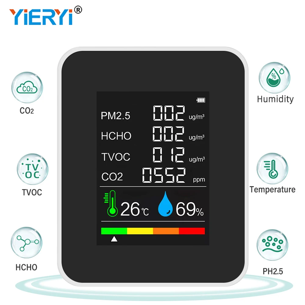 

Newer 6 IN 1 Air Quality Monitor Indoor CO2 Detector PM2.5 Meter Formaldehyde HCHO TVOC Tester LCD Temperature Humidity Tester