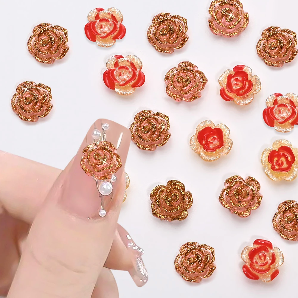 12Grid/box Red Resin Camellia Nail Charms Bow Rose Alloy Nail Art Decoration Shining Big Diamond Gold Powder Flower Nail Jewelry