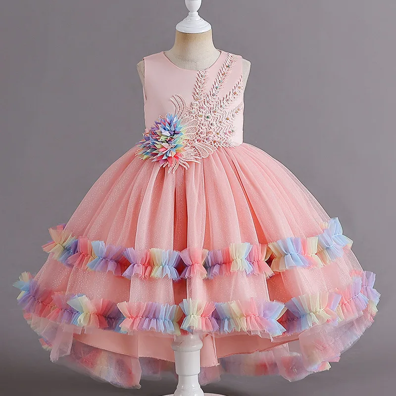 Girls' sleeveless trailing dresses, evening gowns, netting puff dresses, perfect for performances and weddings, princess dresses