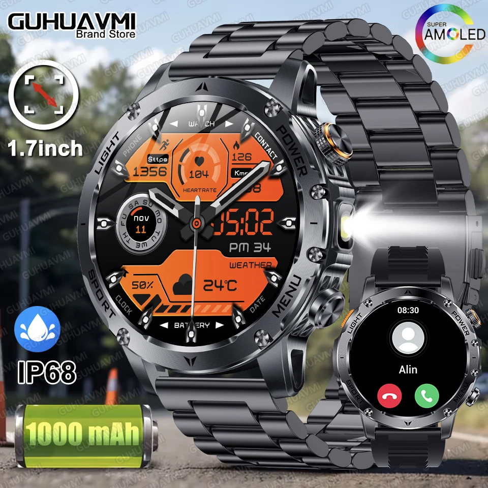 

2025 New Outdoor Flashlight T-Rex 3 1000mAh battery Smart Watch AMOLED Compass IP68 Waterproof GPS Sports fitness Smartwatch Men