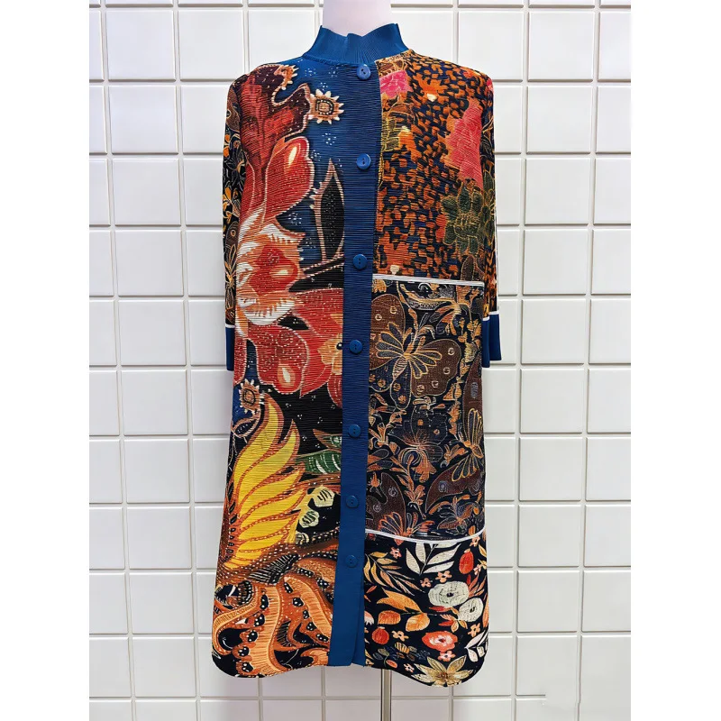 ミヤケ ニッチ ハイエンド ファッション コントラスト ラペル シングルブレスト プリント プリーツ ドレス レディース ルーズ ドレープ ロングスカート 2025 新作