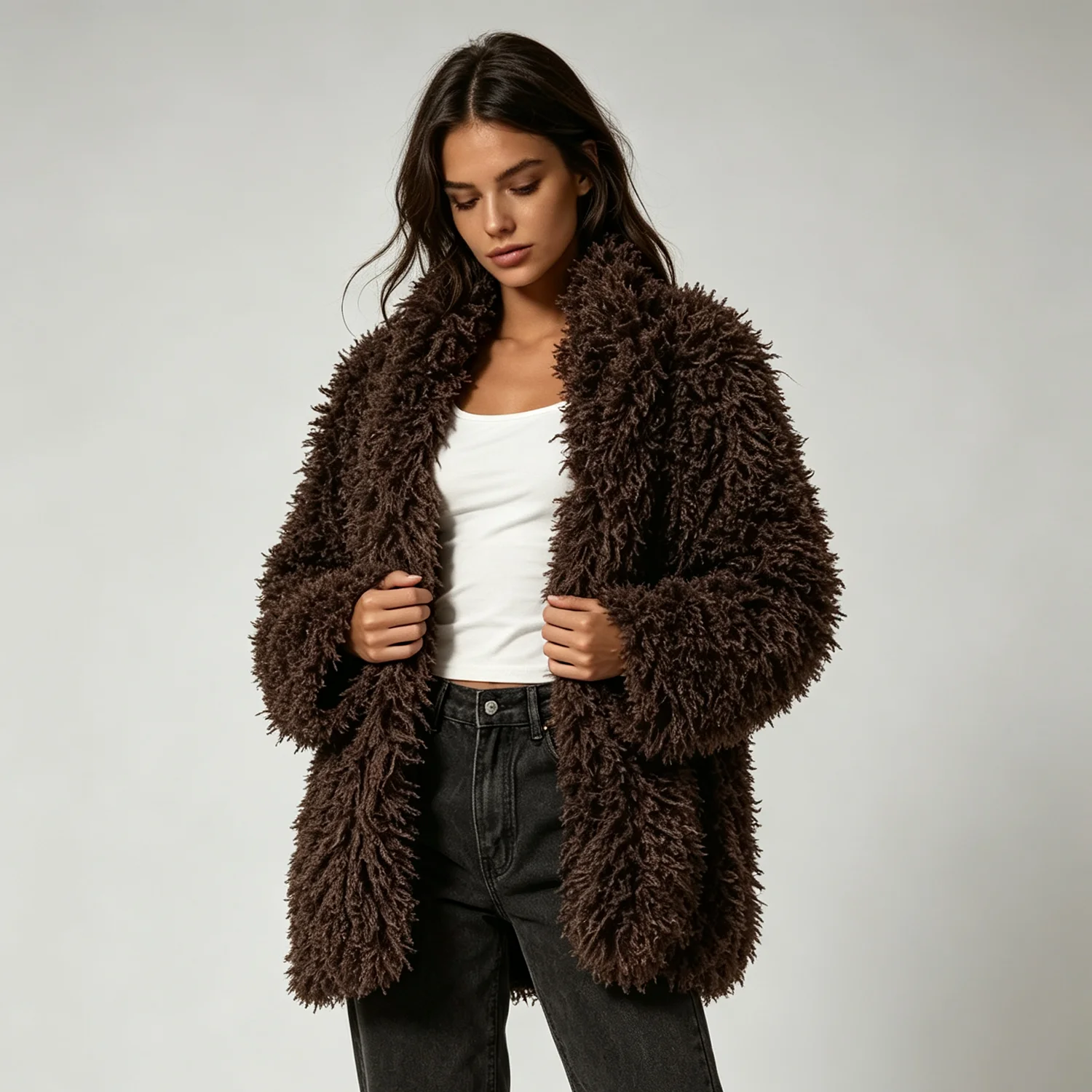 IG  2026 Women Shaggy Faux Fur Coat Open Front Loose Fluffy Long Sleeve Warm Casual Winter Outerwear Jacket