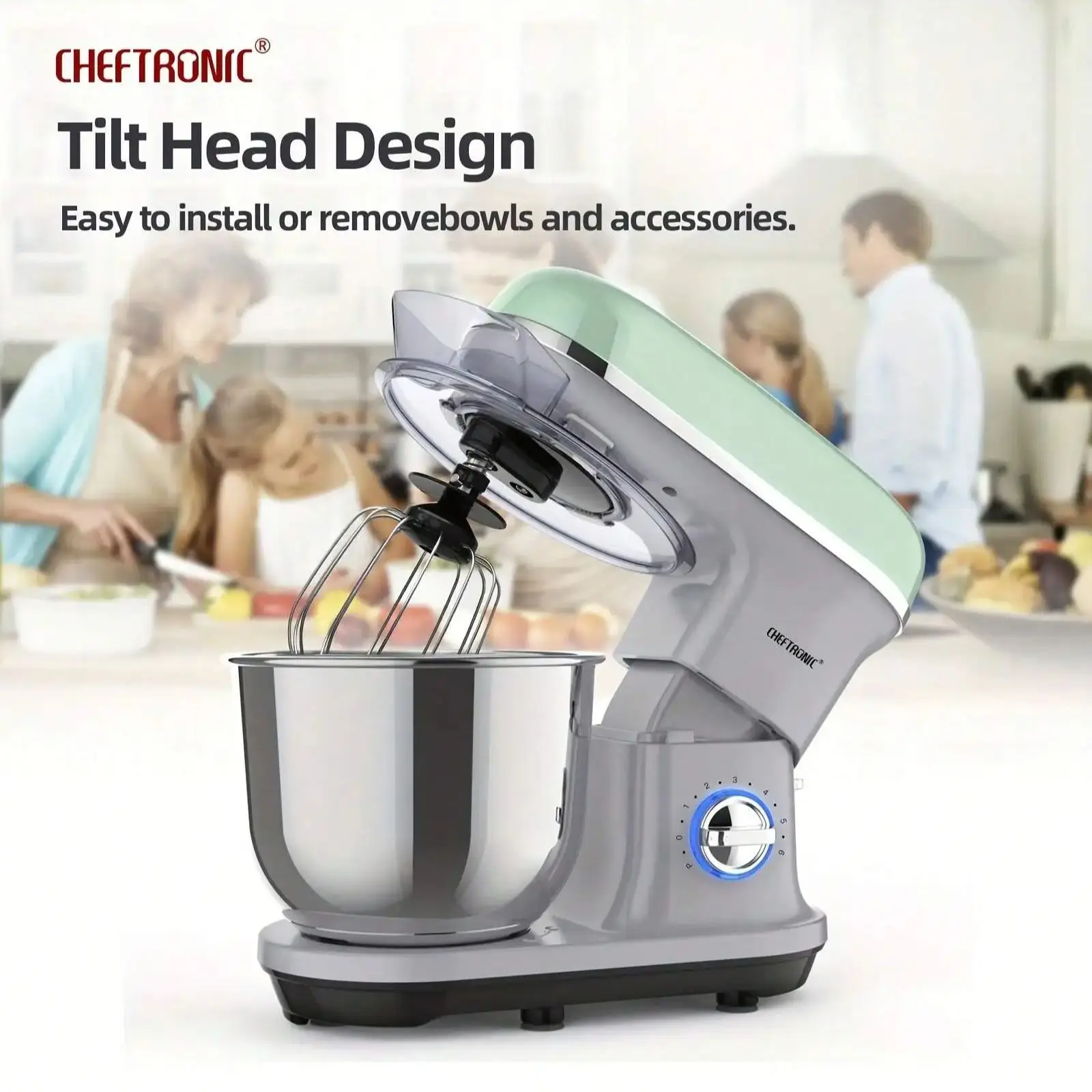 CHEFTRONIC Stand Mixer, 5.2 L Tilt-Head Electric Stand Mixer with 1500W Power and 6+P Speed Settings, home appliance,UK Plug