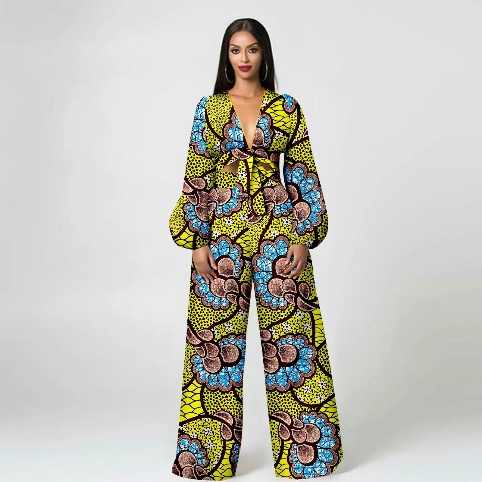 African American Women Ankara Printed Sexy Long Sleeve Super Short Top Fashion Casual Wide Leg Pants 2426017