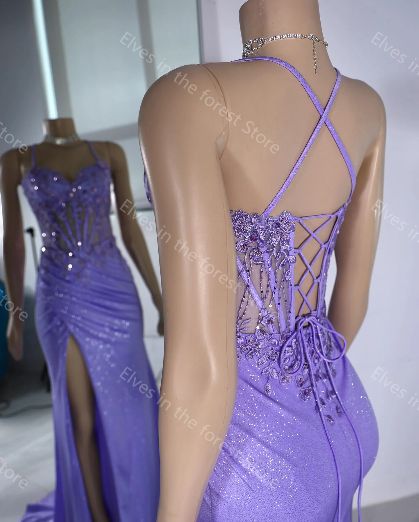 Purple Mermaid Evening Dresses Glitter Sequins Appliques Sleeveless Women Party Gowns Sexy Sheer Neck Side Split Prom Dresses