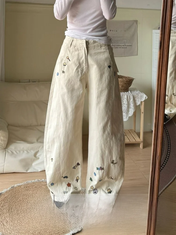 Rétro américain High Street brodé Design abricot femmes jambes larges jean taille haute minceur pantalons longs automne hiver nouveau...
