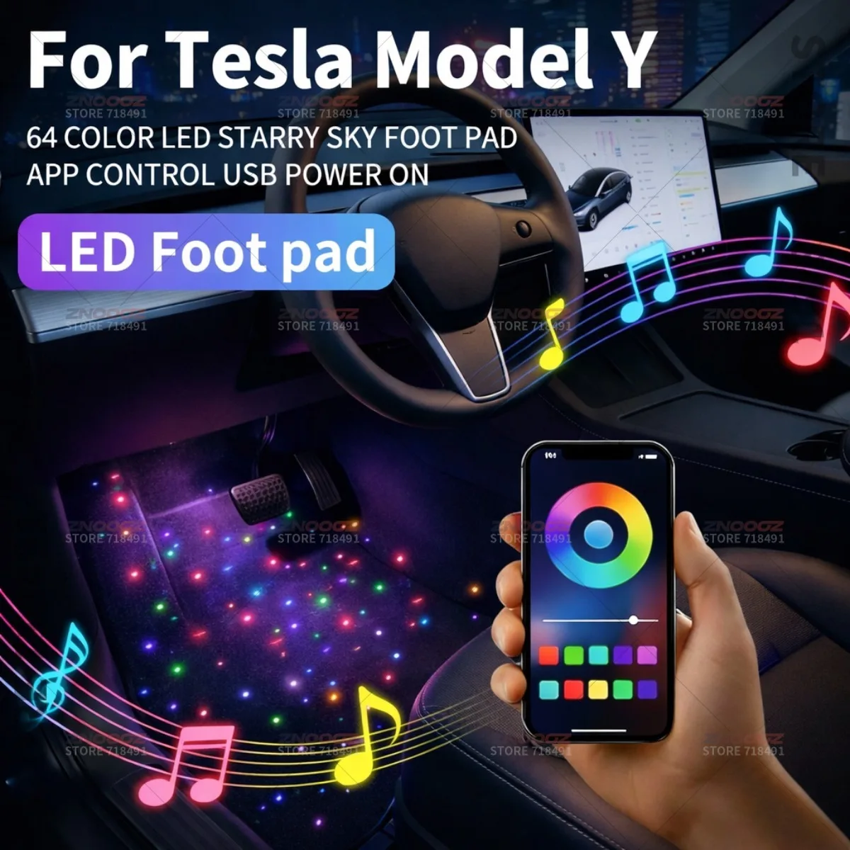For Tesla Model Y 3 USB Car LED Starry Sky Foot Mat Car Starry Sky Light Auto Fiber Optic Lights Atmosphere Lamp Music Control