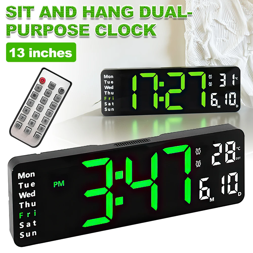 LED Digital Alarm Clock Desk Wall Clock Remote Control Temperature Date Week Display Dual Alarms Adjustable Brightness LED Clock