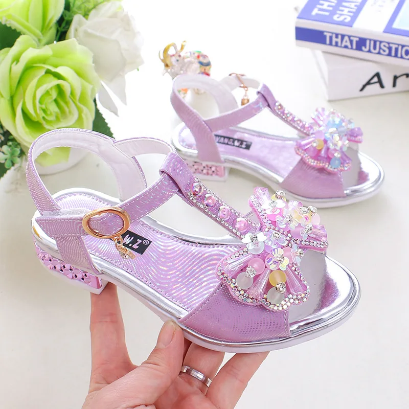 2022 Summer Rhinestone Sandals For Girls Shoes Kids Fashion Sequins Bow Pearls Children Flat Chaussure Fille Sandles Sandalias